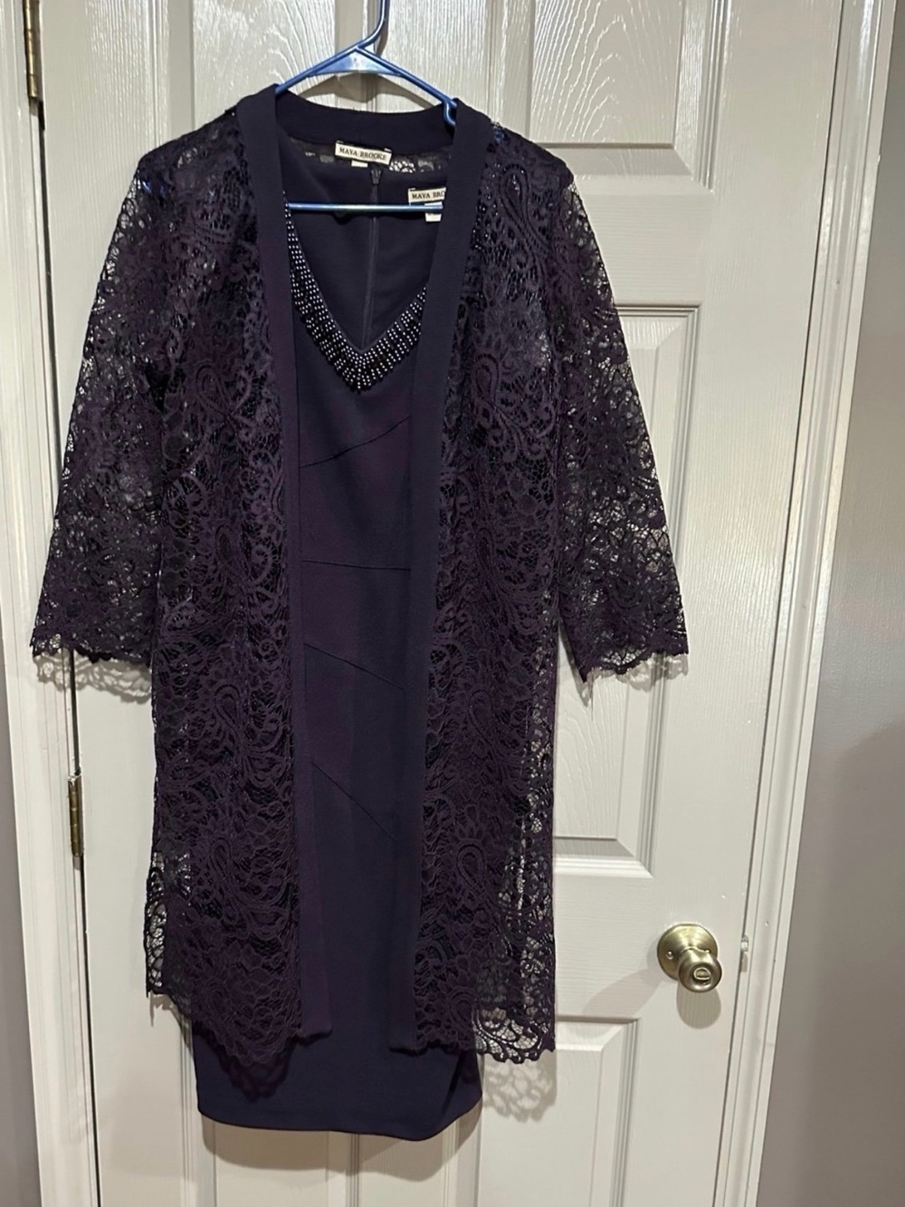R&M Richards Dark Purple Lace Jacket Midi Dress Set